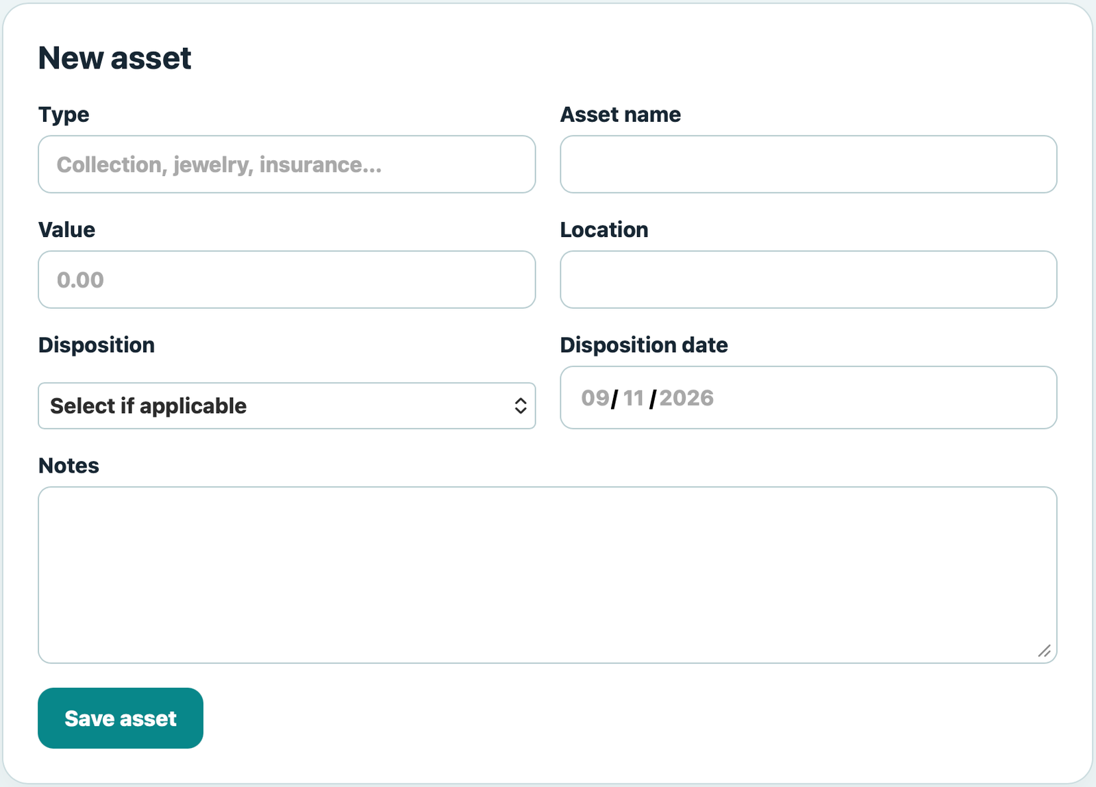 DecaVault AssetTrack for recording an asset's type, name, value, location and disposition