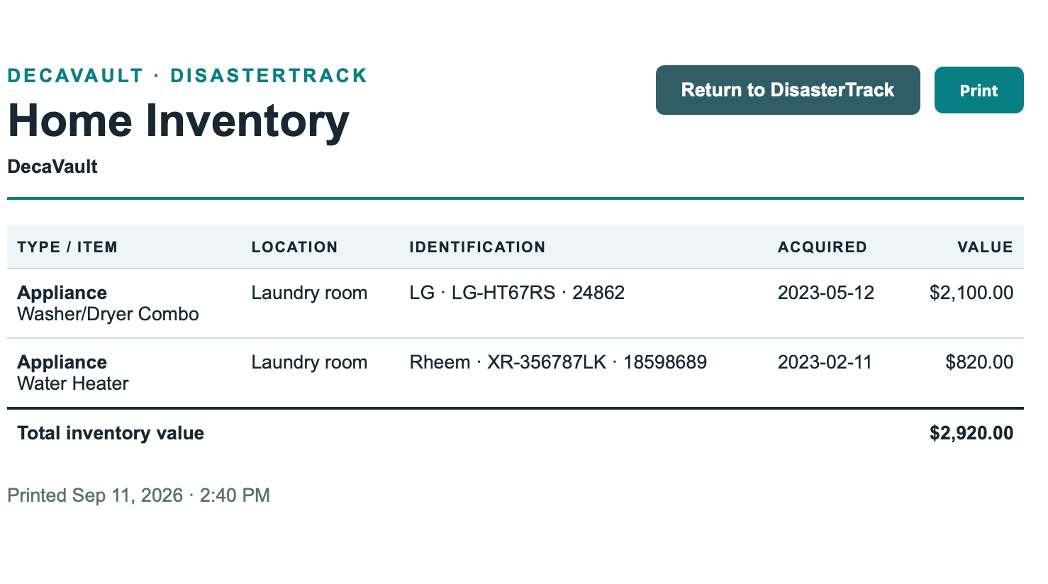 DecaVault DisasterTrack printable home inventory report with item identification, location and value