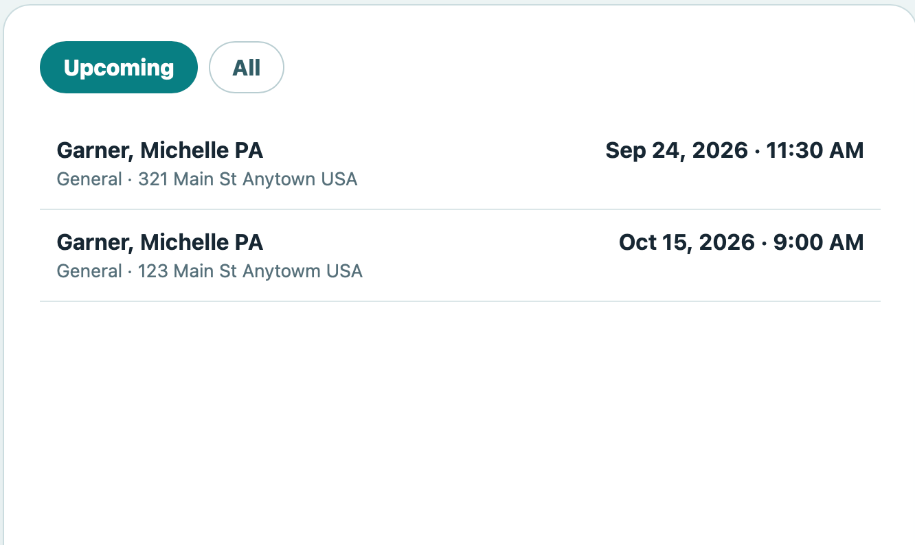 DecaVault DrTracker showing upcoming doctor appointments with provider, location, date and time