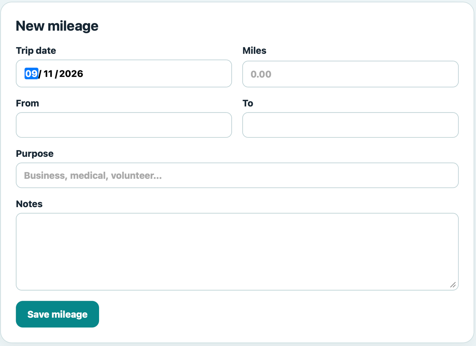 DecaVault MileTrack showing a new mileage entry with trip date, miles, locations and purpose