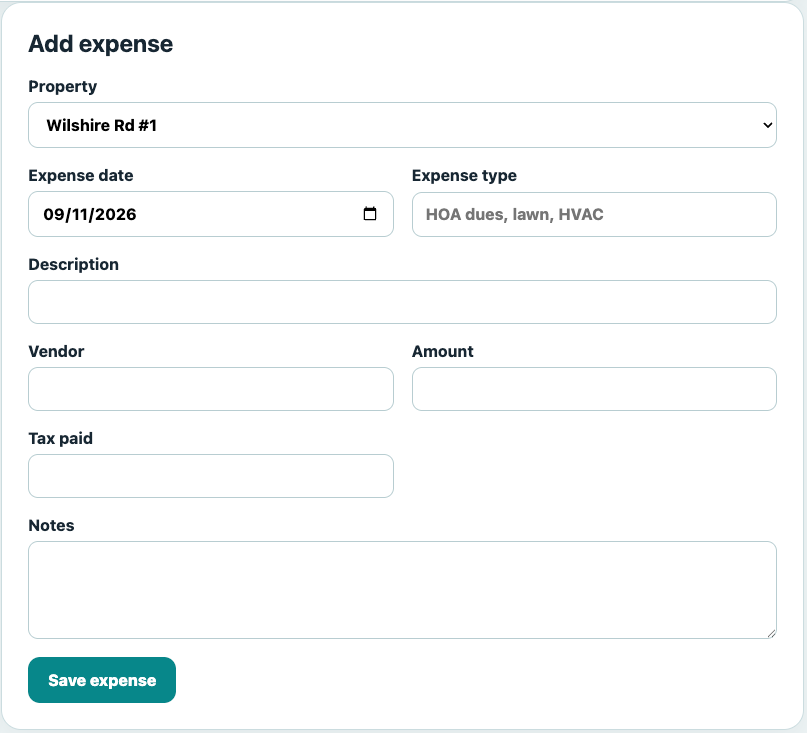 DecaVault rental expense tracker showing property expense details including vendor, amount and tax paid
