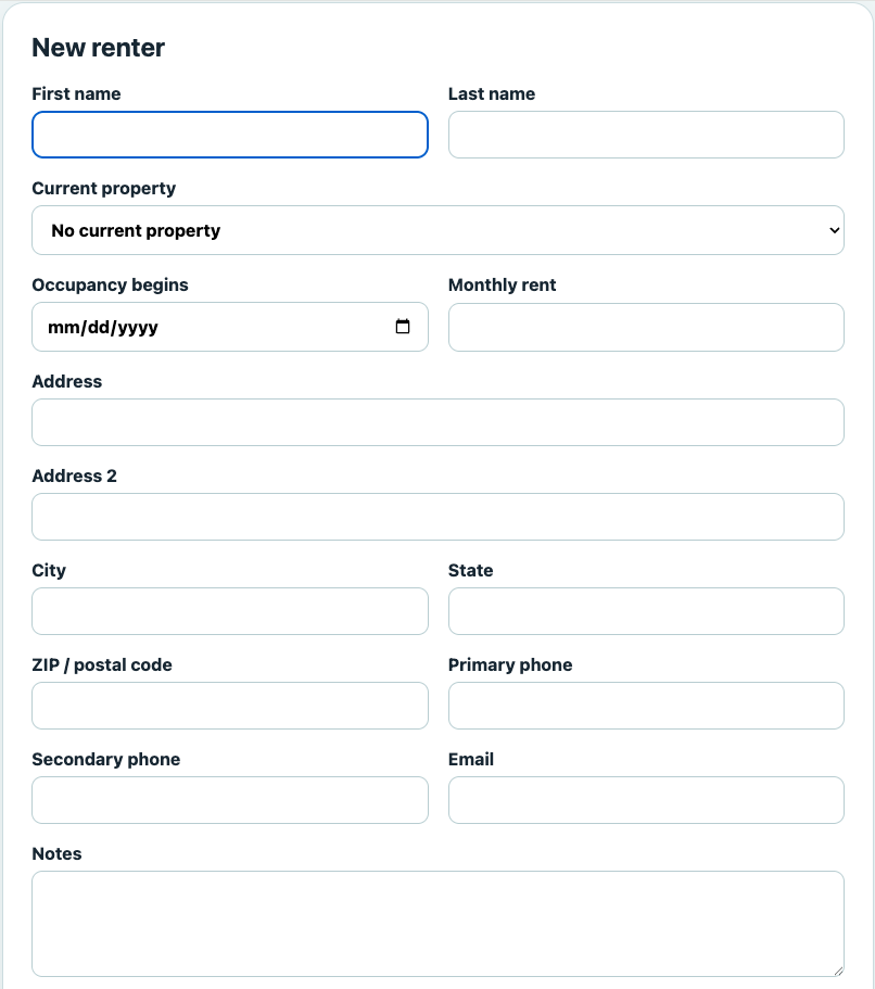 DecaVault rental property tracker showing renter contact, occupancy and monthly rent information