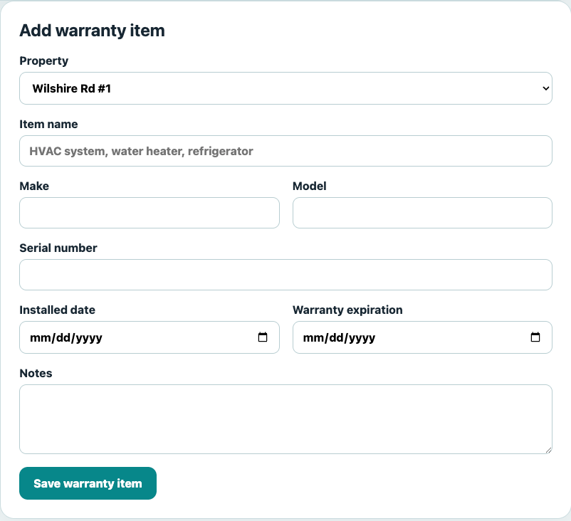 DecaVault rental property tracker showing equipment and warranty information for a rental property