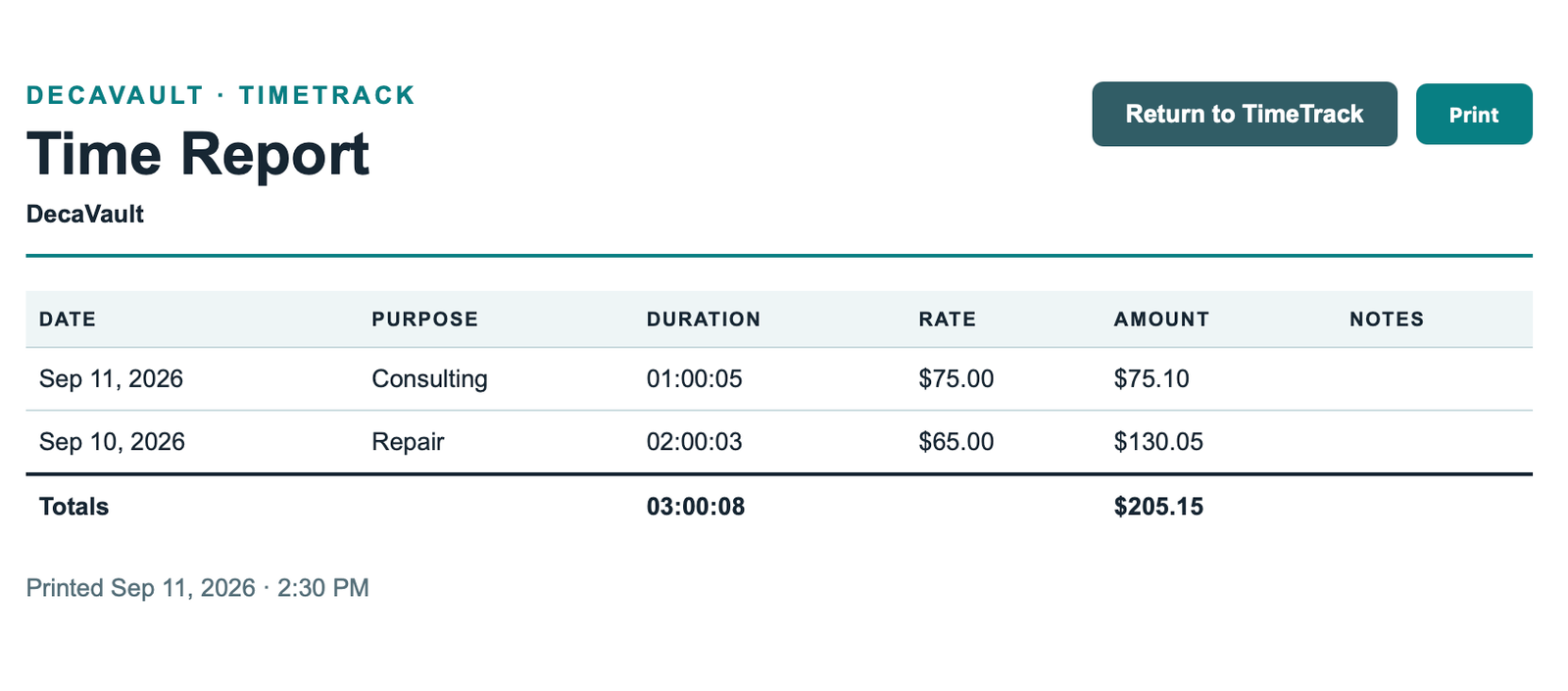 DecaVault TimeTrack printable report showing dates, purpose, duration, hourly rates and billable amounts