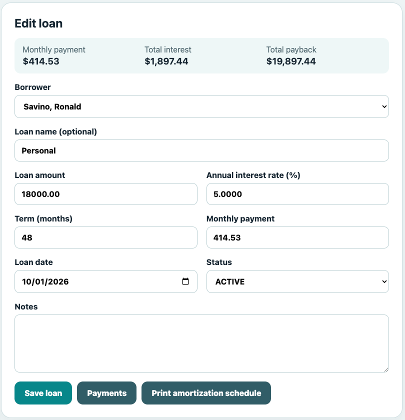 DecaVault Personal Loan Tracker showing loan terms, monthly payment, interest and total payback