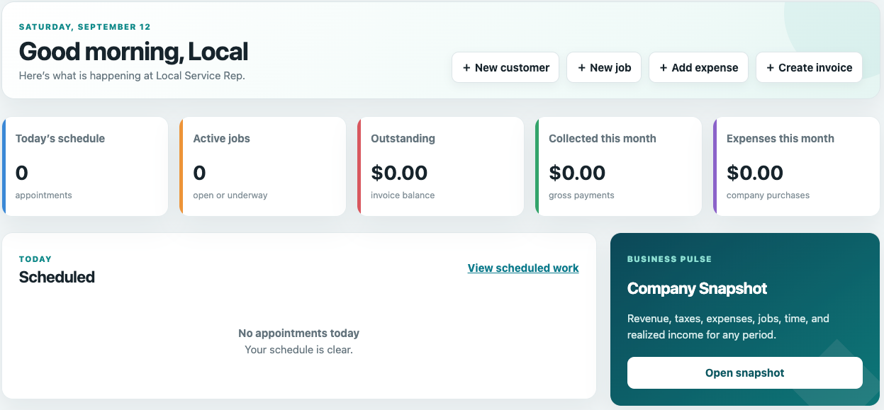 ServiceRep dashboard showing scheduled work, active jobs, outstanding invoices, payments and expenses