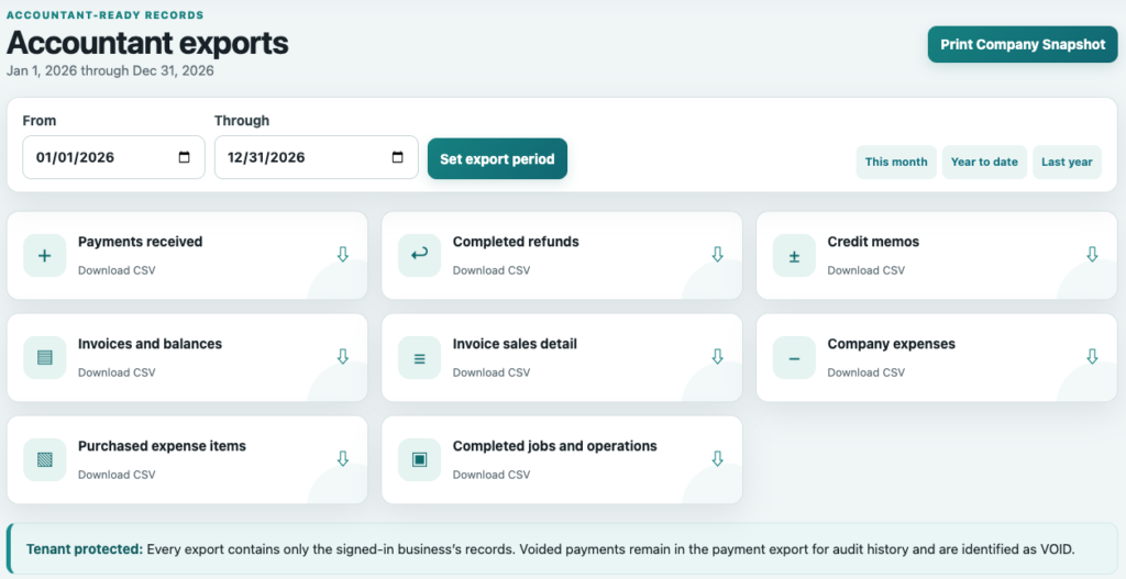 ServiceRep accountant exports for payments, invoices, expenses, refunds, credit memos and completed jobs