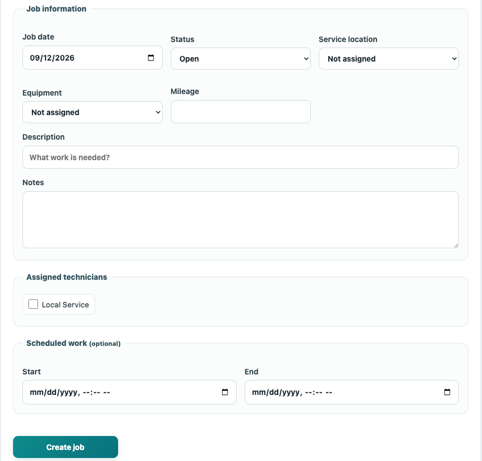 ServiceRep job form for scheduling work, assigning technicians and recording job information