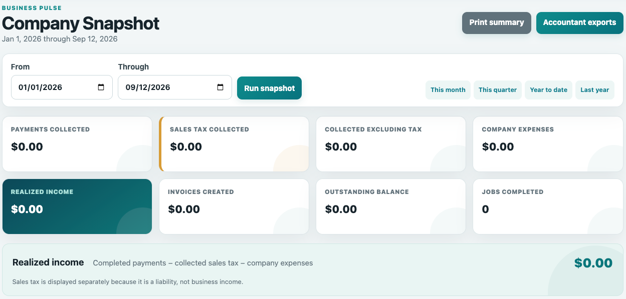 ServiceRep Company Snapshot showing payments, sales tax, invoices, expenses, completed jobs and realized income