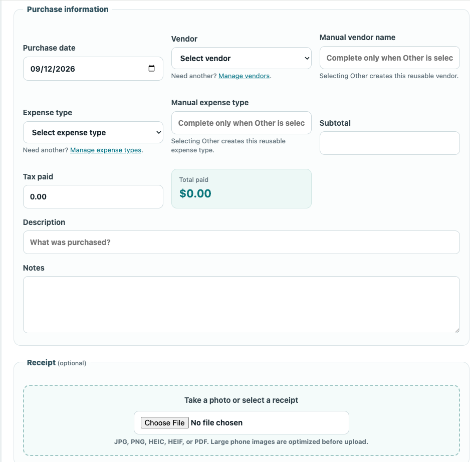 ServiceRep expense form for recording purchases, vendors, expense types, tax and receipts