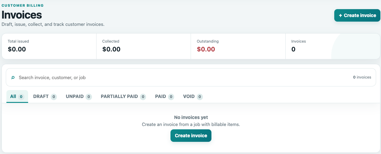 ServiceRep invoice dashboard showing issued, collected and outstanding customer invoices