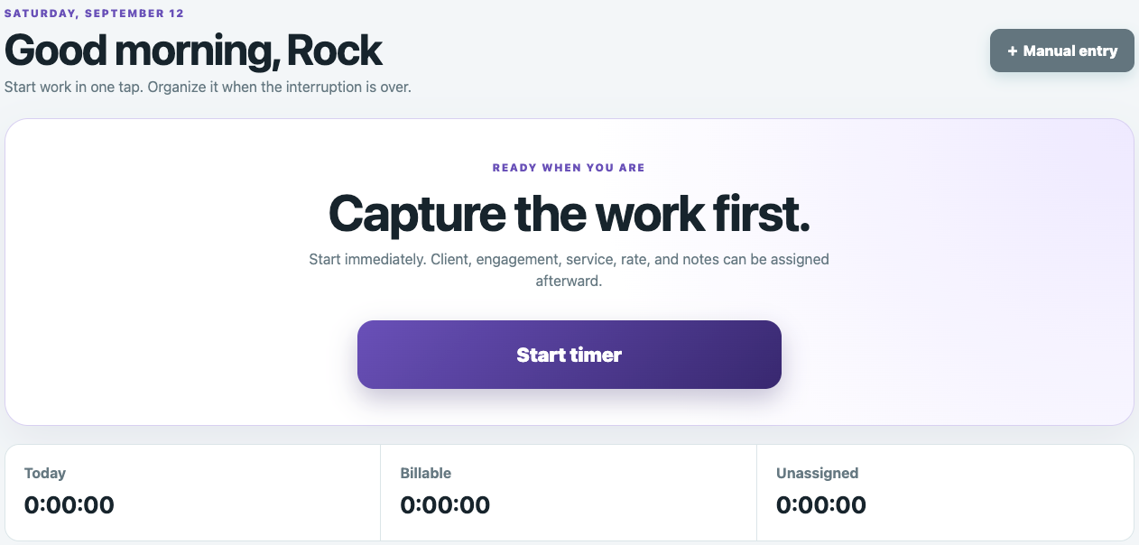 TimeBilling dashboard with a start timer button and totals for daily, billable and unassigned time