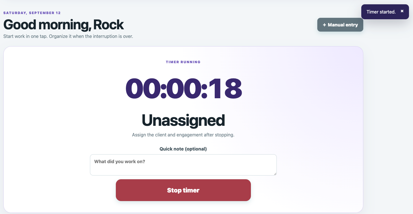 TimeBilling running timer showing elapsed time, unassigned status, quick note field and stop timer button