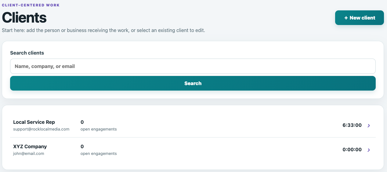 TimeBilling clients screen showing client search, open engagements and recorded time totals