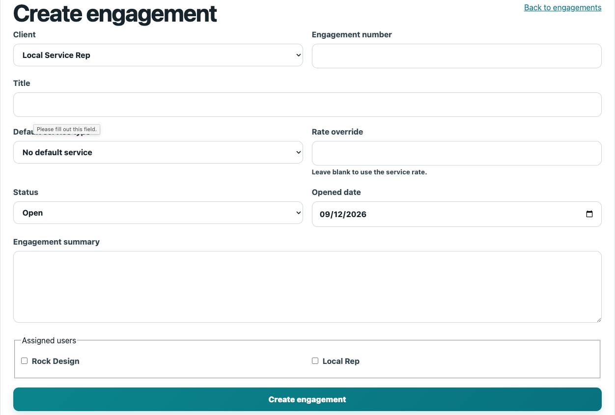 TimeBilling engagement form showing client, service, rate, status, opened date, summary and assigned users
