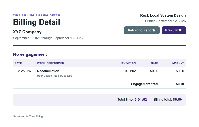 TimeBilling billing-detail report showing work performed, duration, rate, amount and engagement totals