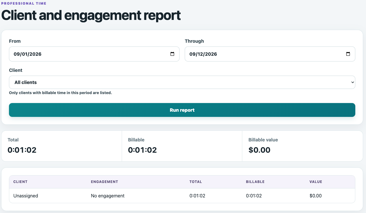 TimeBilling client and engagement report showing total time, billable time and billable value