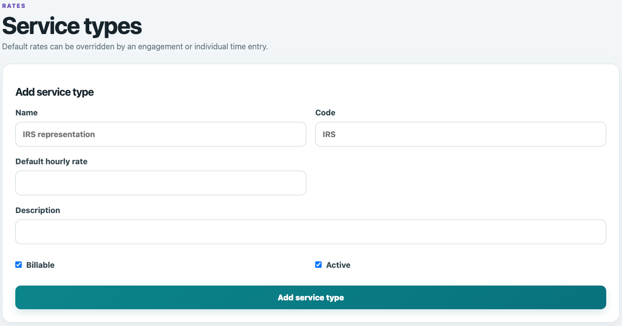 TimeBilling service-type form for creating services with codes, default hourly rates and billable status