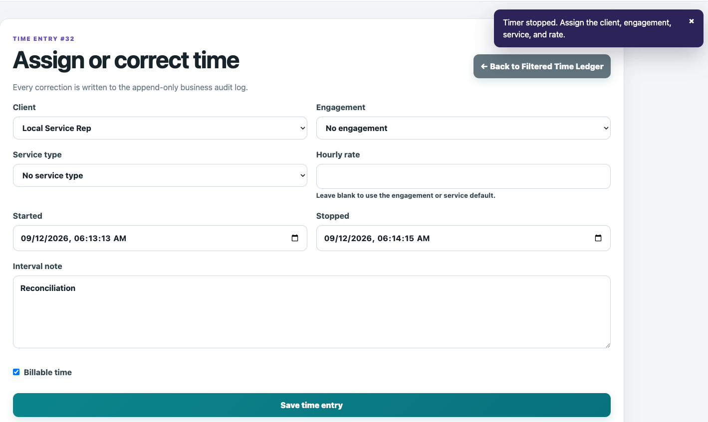 TimeBilling time-entry screen for assigning a client, engagement, service type, hourly rate and work note
