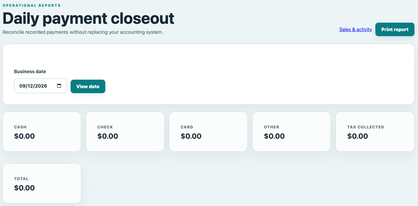 WorkOrder Daily Payment Closeout showing cash, check, card and other payments with sales tax and daily total