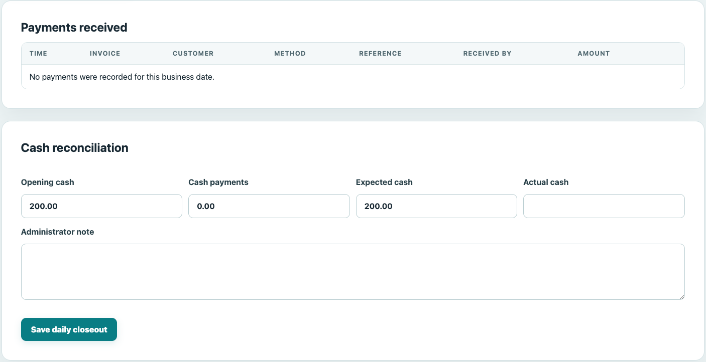 WorkOrder cash reconciliation showing opening cash, cash payments, expected cash, actual cash and administrator note