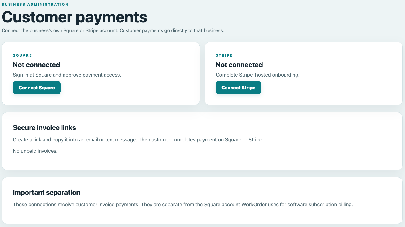 WorkOrder connected billing settings for linking a business Square or Stripe account