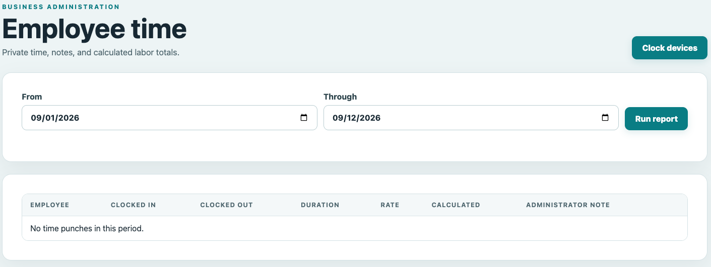 WorkOrder employee time report showing clock-in, clock-out, duration, labor rates and labor totals