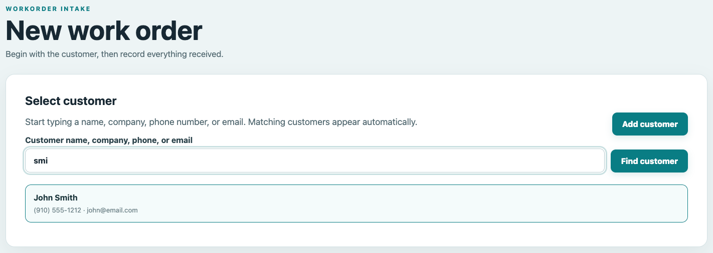 WorkOrder intake screen for finding a customer, recording the reported problem, setting priority and assigning work