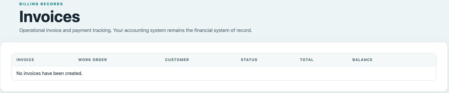 WorkOrder invoice dashboard showing customer invoices, status, totals and outstanding balances