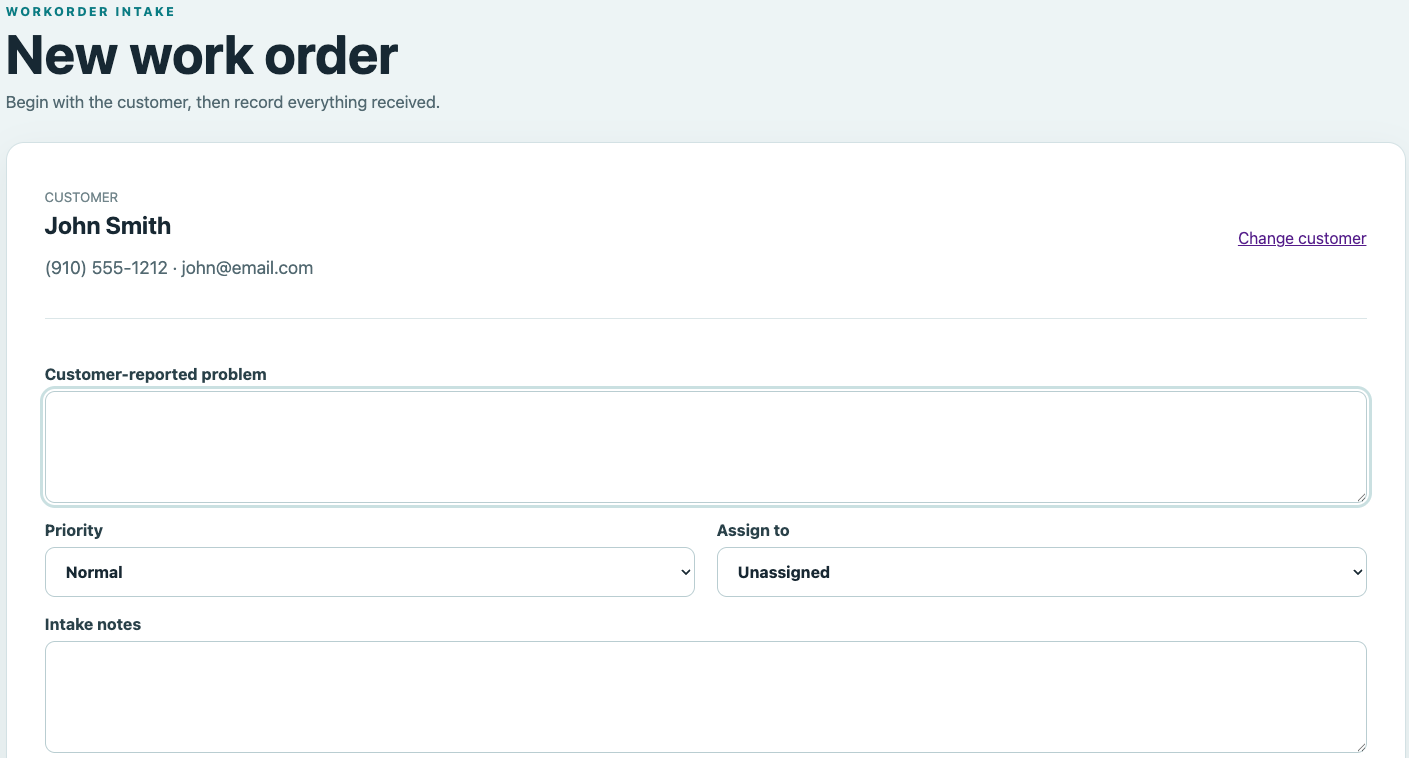 WorkOrder form showing customer details, reported problem, priority, assignment and component intake