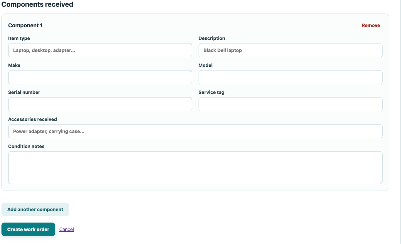WorkOrder component details for recording item type, make, model, serial number, accessories and condition