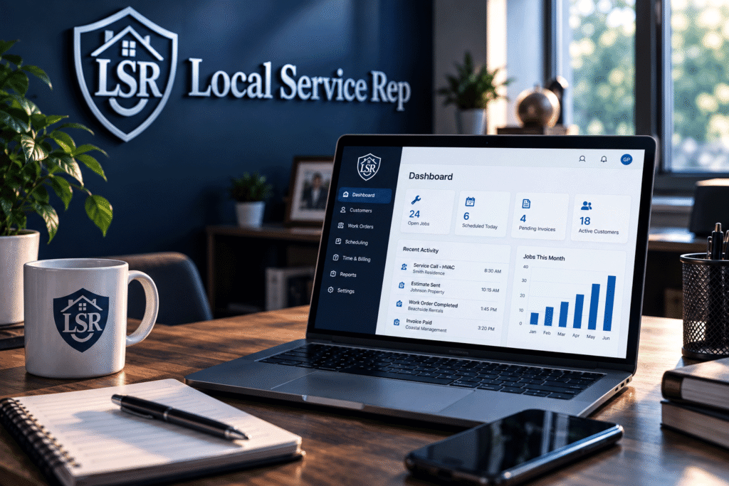Local Service Rep software for managing customers, work orders, scheduling, time and billing