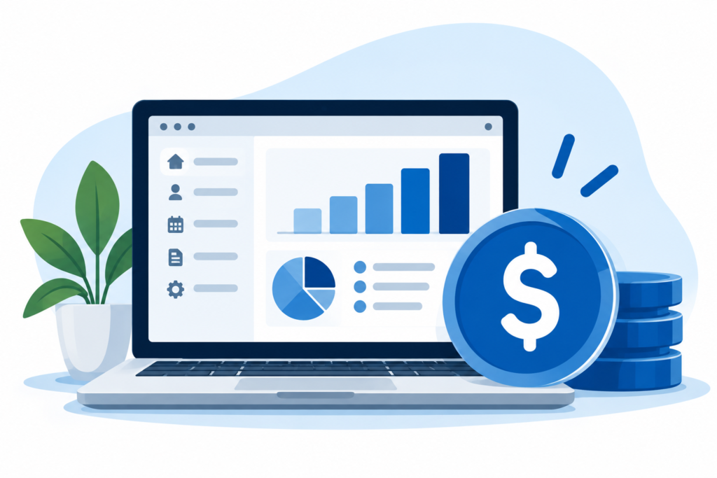 Software dashboard with financial symbols representing affordable business software