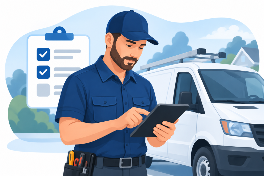 Service professional using a tablet beside a service vehicle