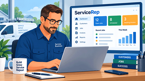 Service business owner using ServiceRep software to manage customers, jobs, scheduling and billing