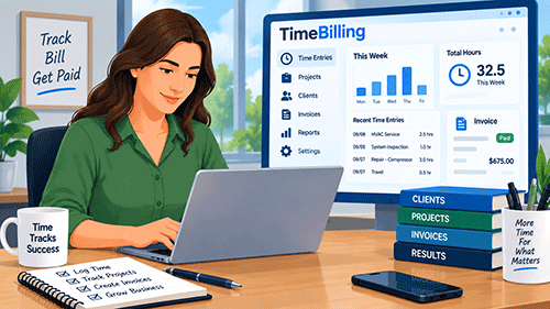 Professional using TimeBilling software to track work time and manage billing