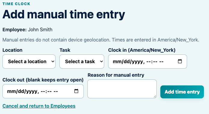 TimeClock Employee Timekeeping | Add Manual Time