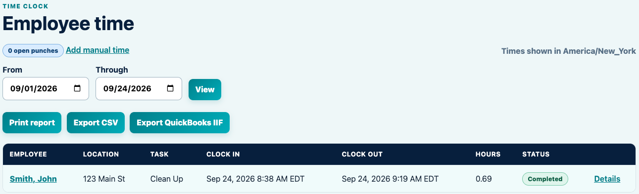 TimeClock employee time report showing employee, location, task, clock-in, clock-out, hours and status