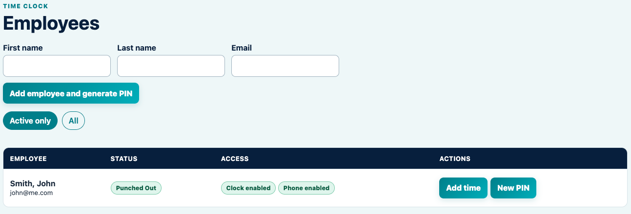 TimeClock employee list showing punch status, clock access and phone access