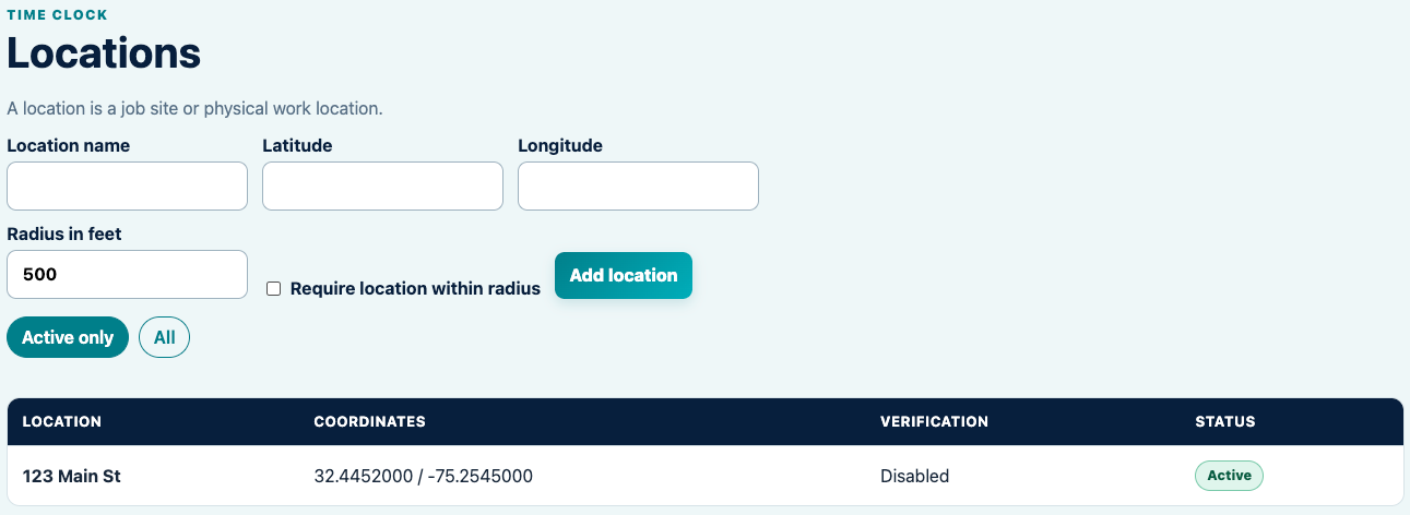 TimeClock locations screen for job sites, coordinates and optional location verification