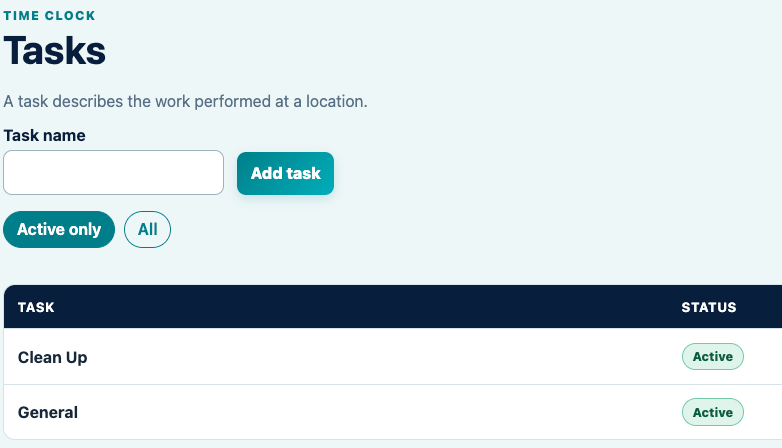 TimeClock tasks screen showing active types of work employees can select