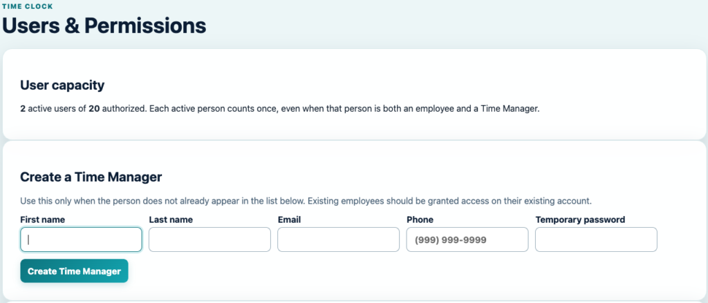 TimeClock Employee Timekeeping | Users & Permissions