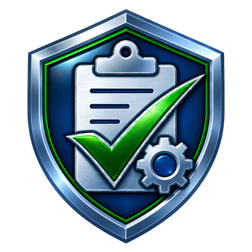 WorkOrder clipboard, checkmark and gear shield icon