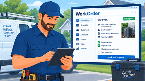 Service technician using WorkOrder software on a tablet to manage and complete a service job